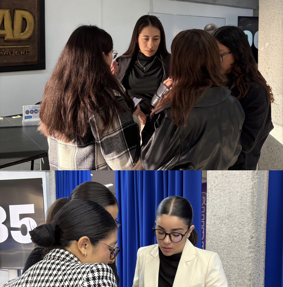 Jessica González y Karla Valero reunidas junto a sus equipos de campaña en la UMAD.