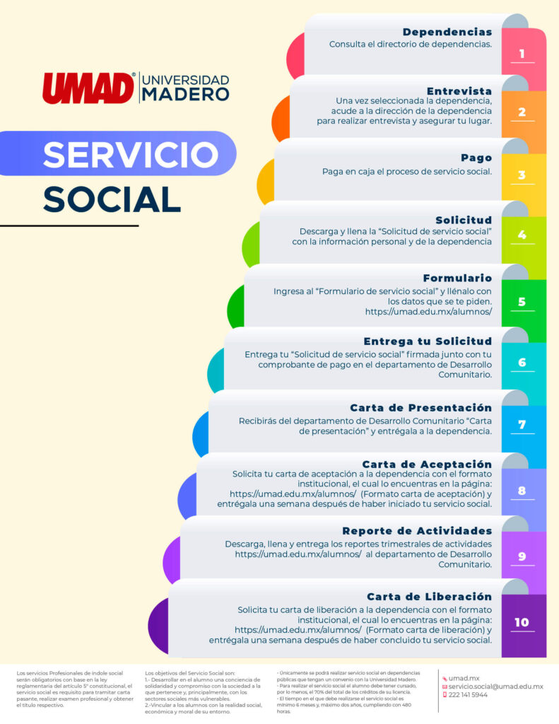 Diagrama en forma de pirámide que muestra el proceso del servicio social en la UMAD.